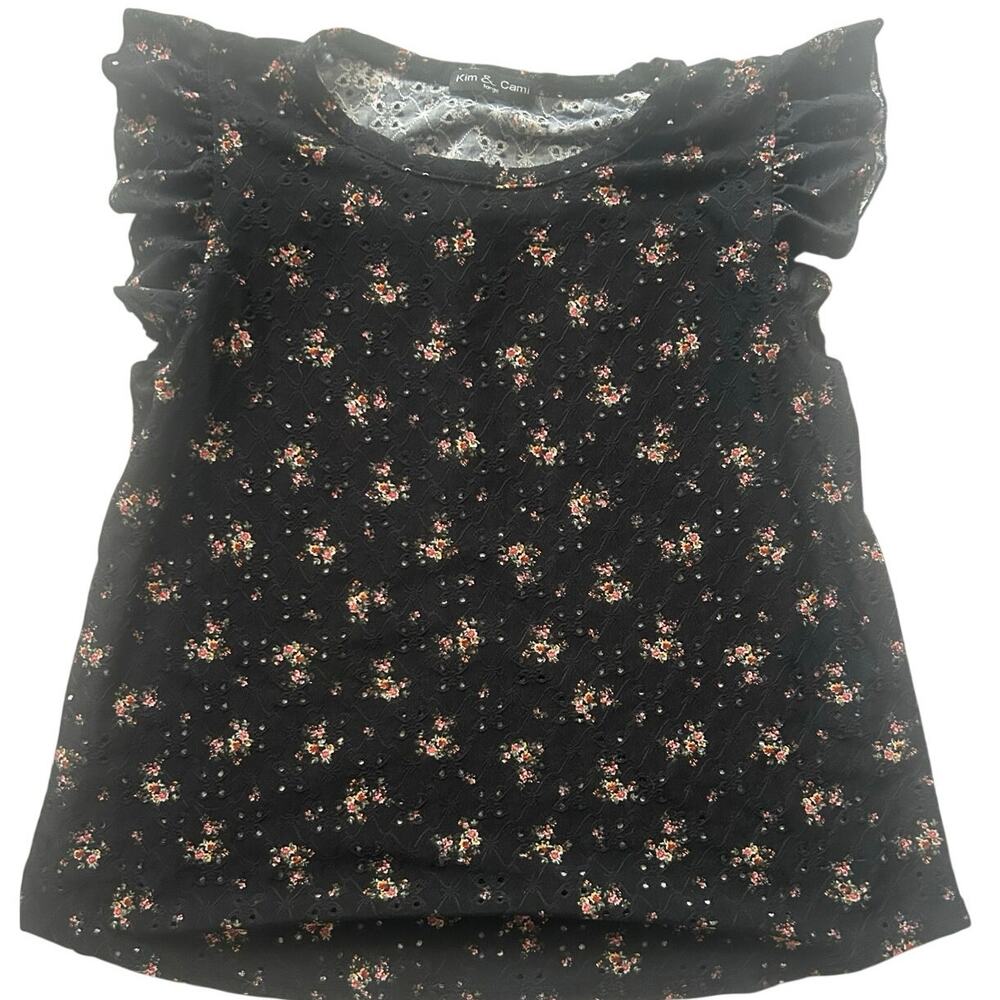 Kim & Cami Black Floral Eyelet Blouse Ruffle Sleeve Boho Top Women L